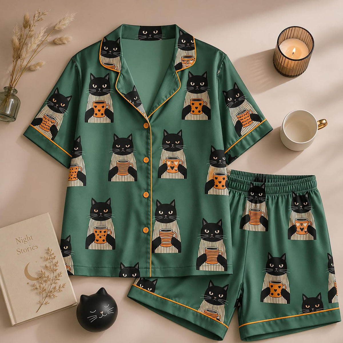 Black Cat Coffee Pajama Set: Green Satin Loungewear for Women Cozy Cat Lover Gift