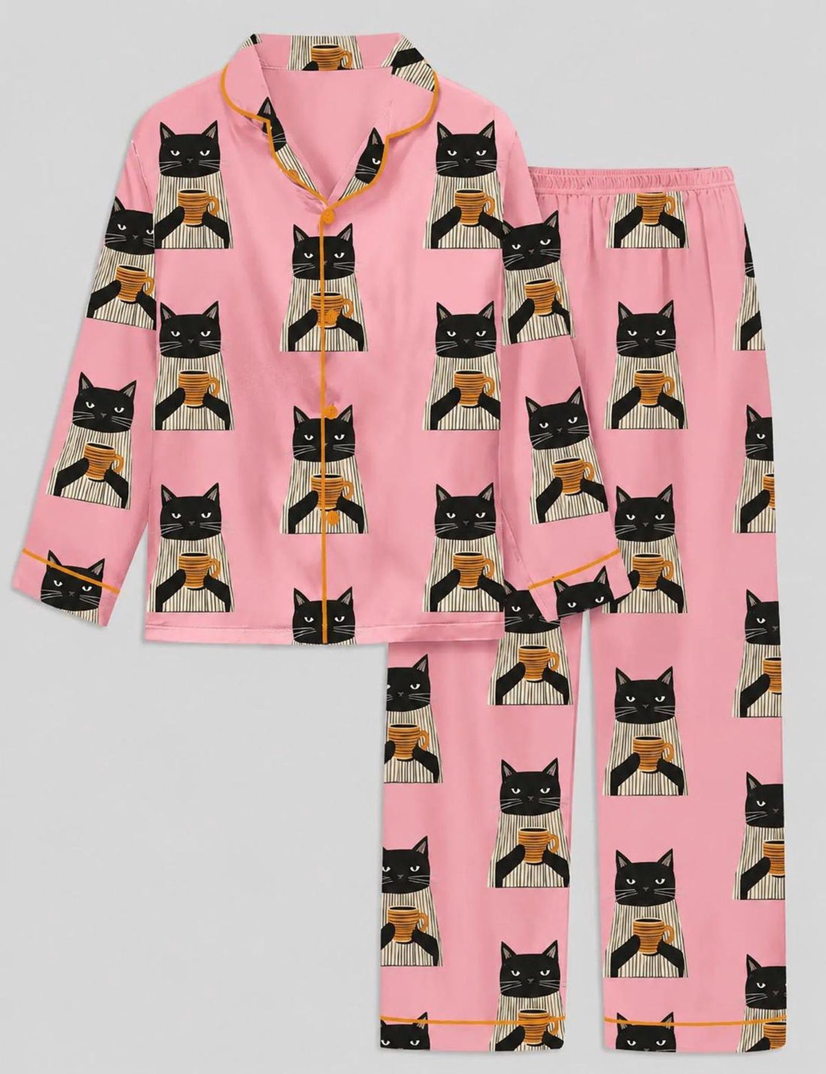 Black Cat Coffee Pajama Set Pink Cat Lover Loungewear Soft Comfortable