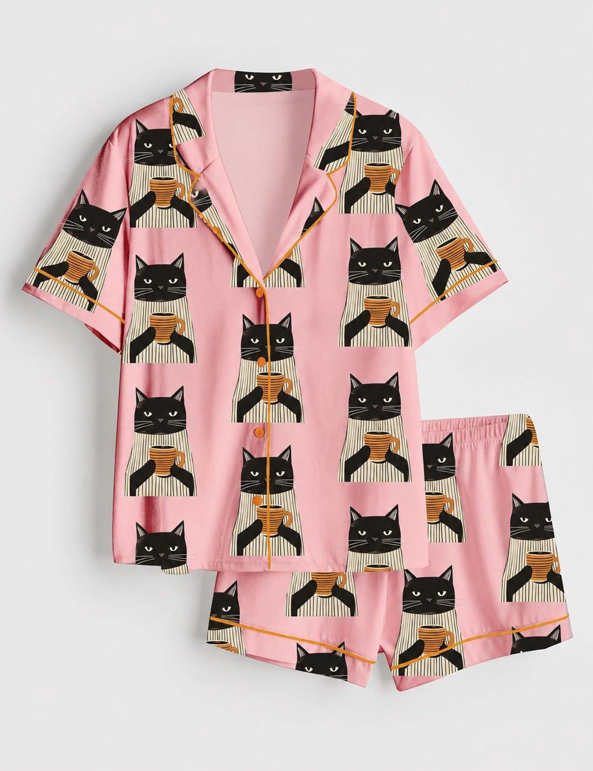 Black Cat Coffee Pajama Set Pink Cat Lover Loungewear Soft Comfortable