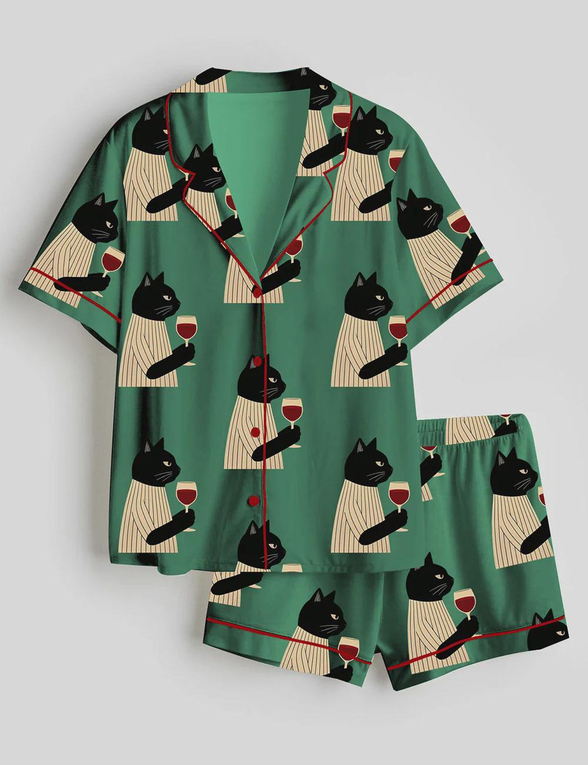 Black Cat Wine Satin Pajamas: Short & Long Sets for Women Cute Cat Sleepwear