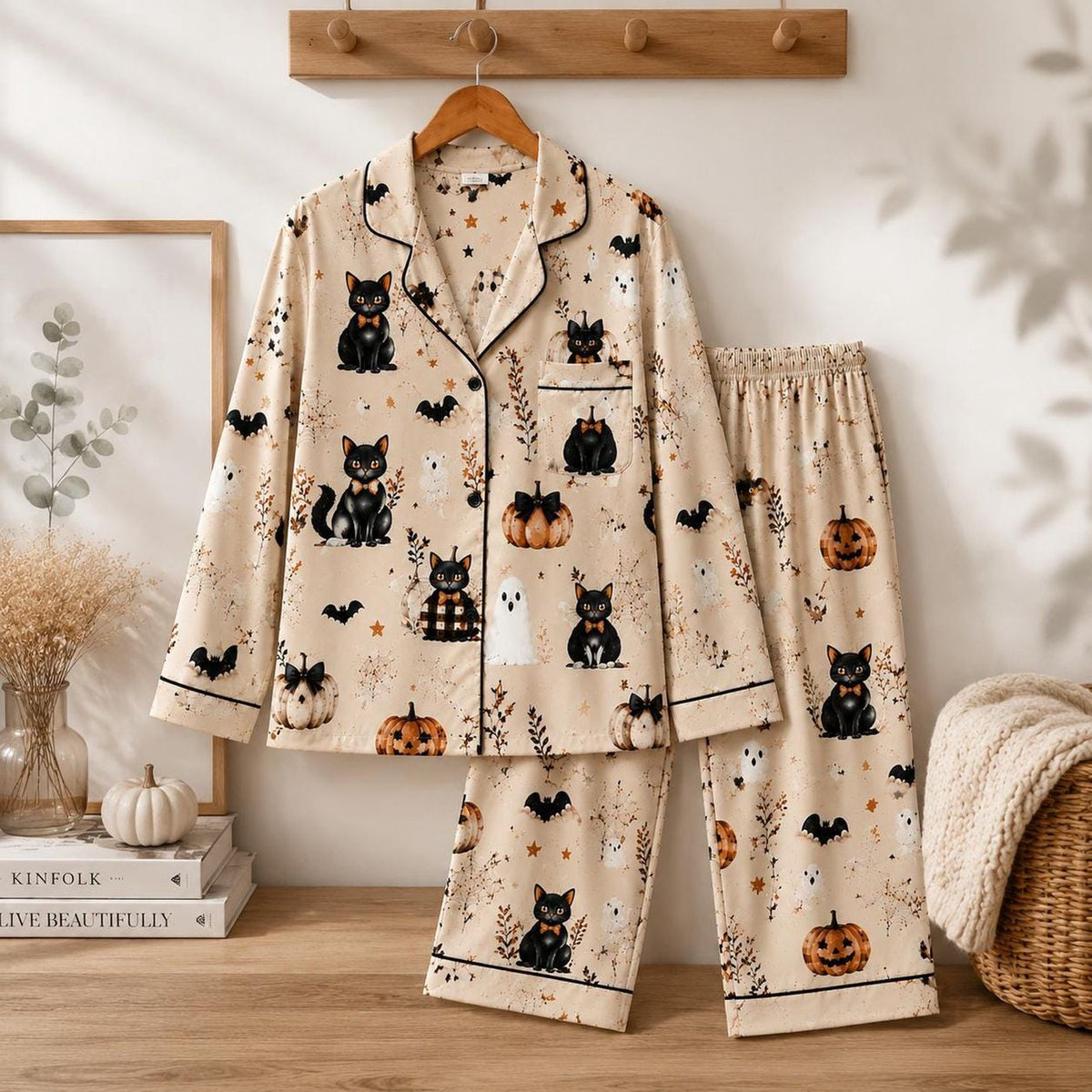 Spooky Black Cat Halloween Pajama Set with Ghost Pumpkin and Bat Print Sleepwear
