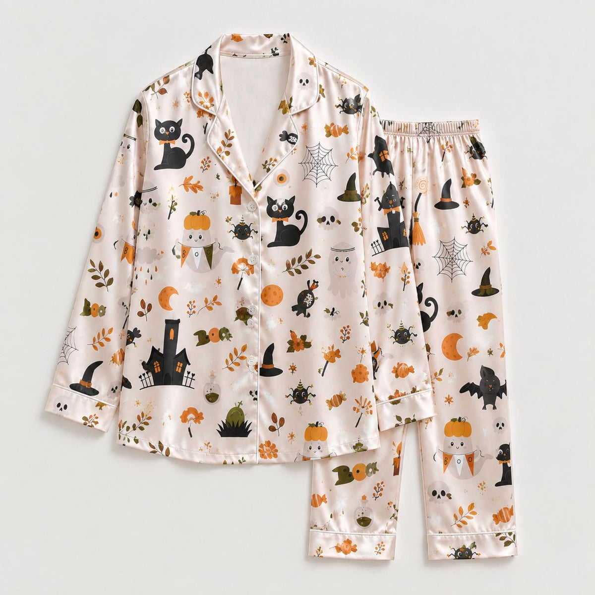 Cute Black Cat Halloween Satin Pajama Set for Cozy Sleepwear