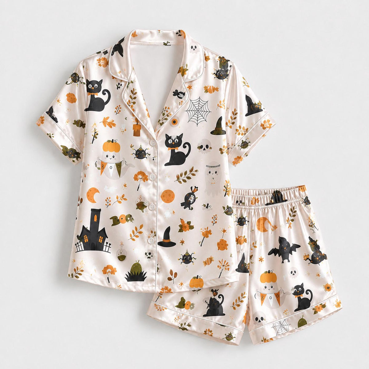 Black Cat Halloween Satin Pajama Set - Cute Spooky Pattern for Cozy Sleepwear & Loungewear