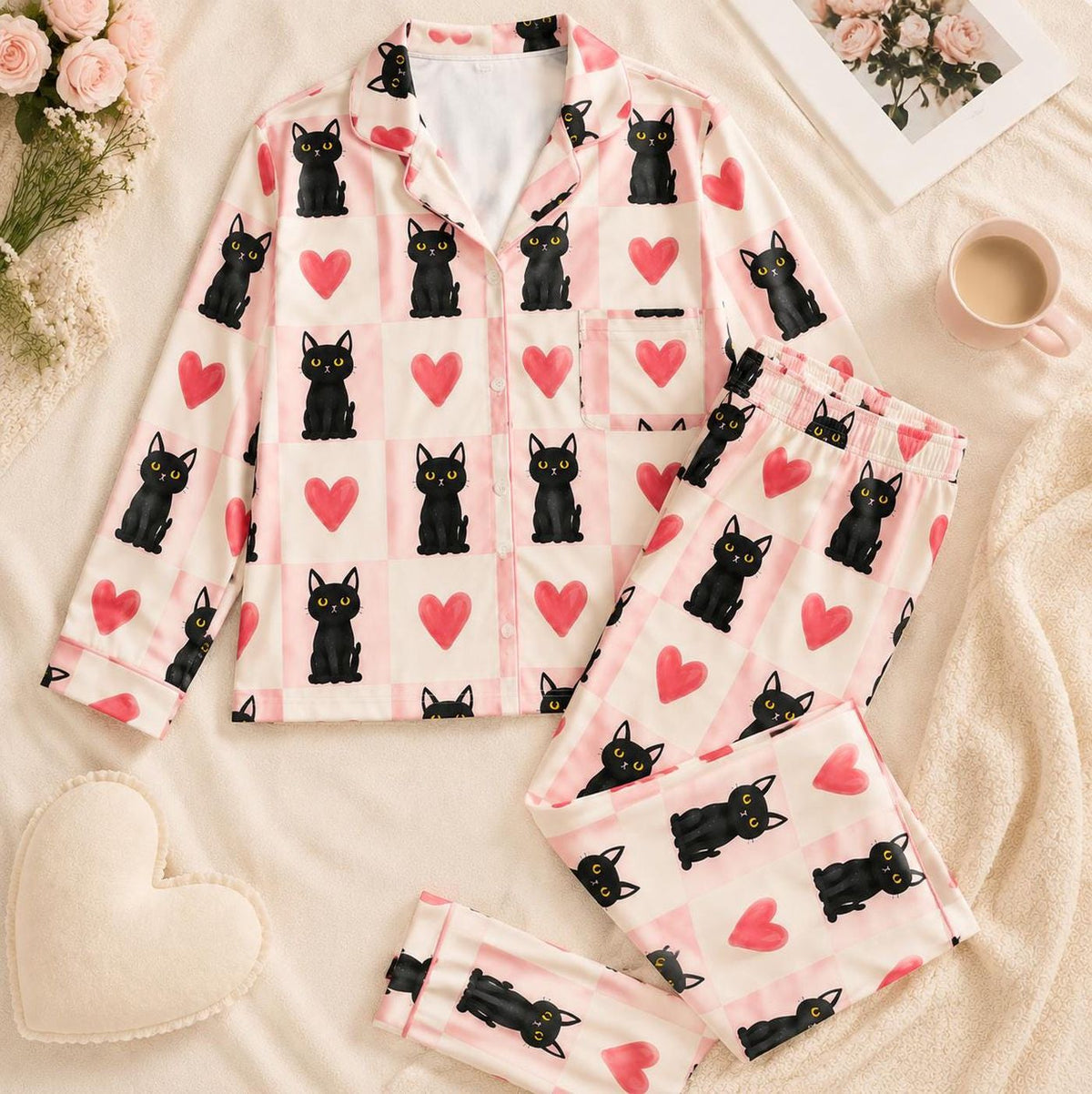 Black Cat Heart Pajamas Set - Pink Checkered Sleepwear Cute Valentine Gift for Her