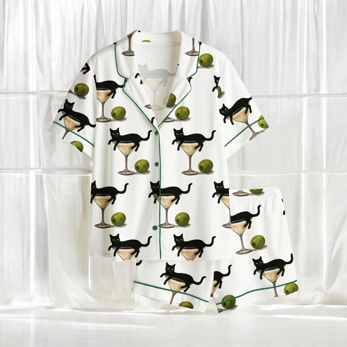 Black Cat Martini Pajama Set - Cute Cocktail Cat Sleepwear for Women Perfect Gift for Cat Lovers