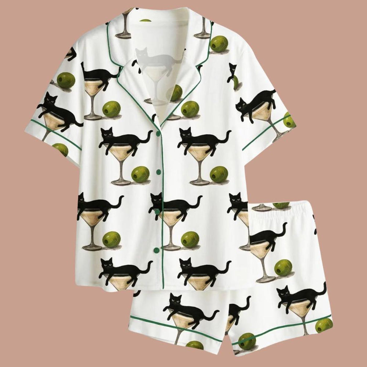 Black Cat Martini Satin Pajama Set, Cocktail Sleepwear, Fun Quirky Birthday Gift for Women