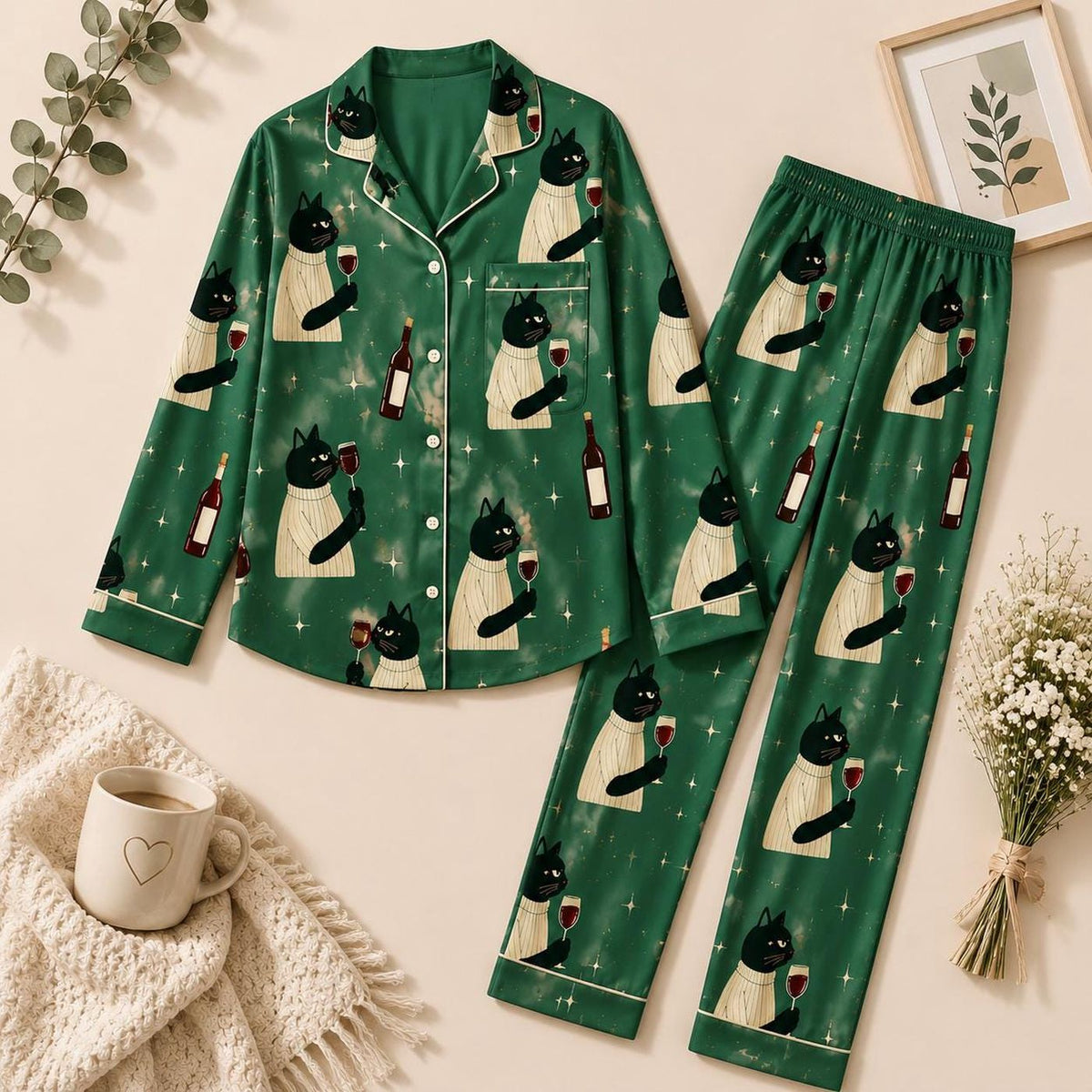 Black Cat Pajama Set - Wine Lover Sleepwear Gift for Cat Lovers