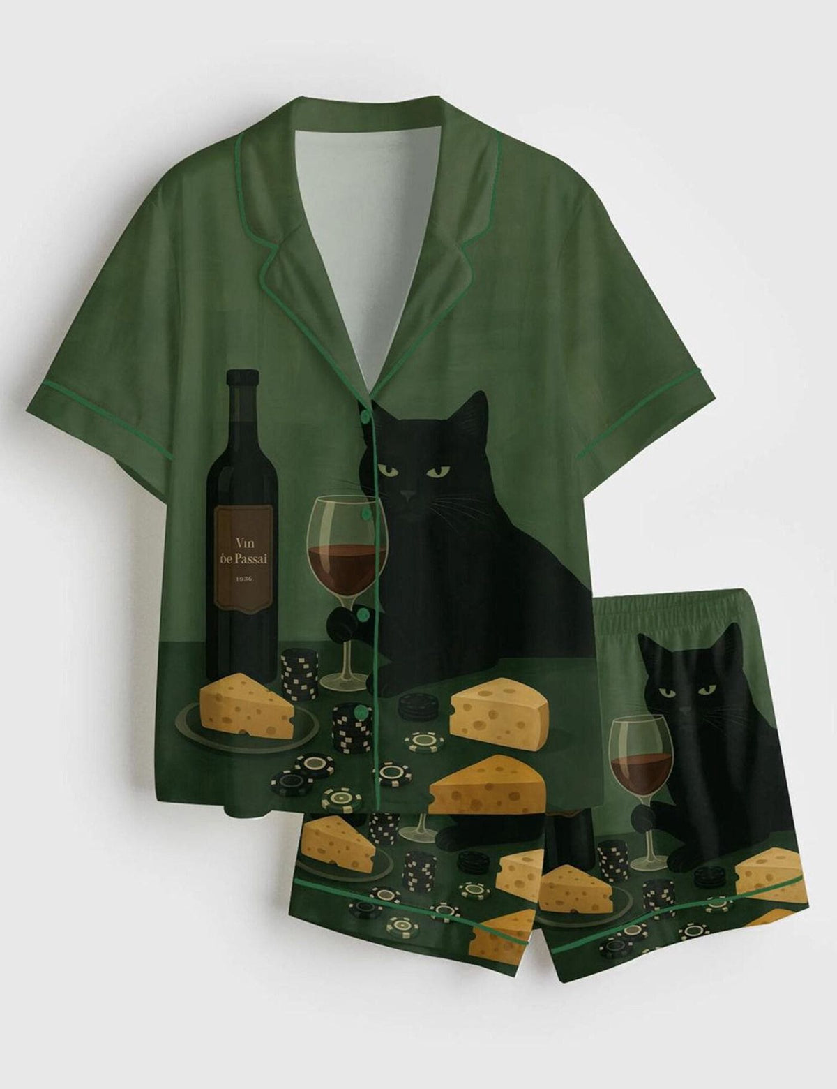 Black Cat Pajama Set Women Cat Lover Sleepwear Wine Print PJs Mom Gift