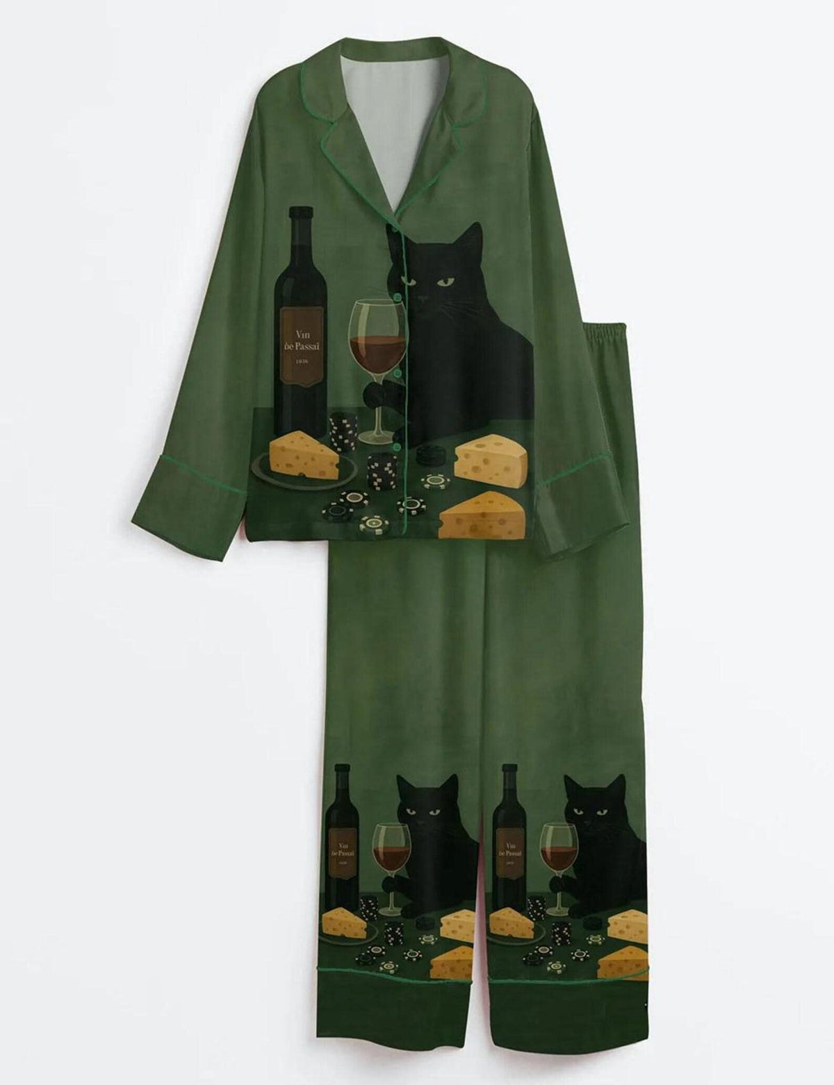 Black Cat Pajama Set Women Cat Lover Sleepwear Wine Print PJs Mom Gift