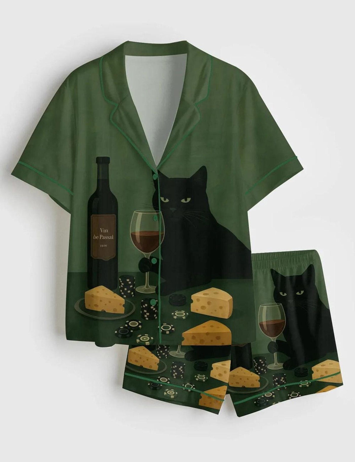 Black Cat Pajama Set Women Cat Lover Sleepwear Wine Print PJs Mom Gift