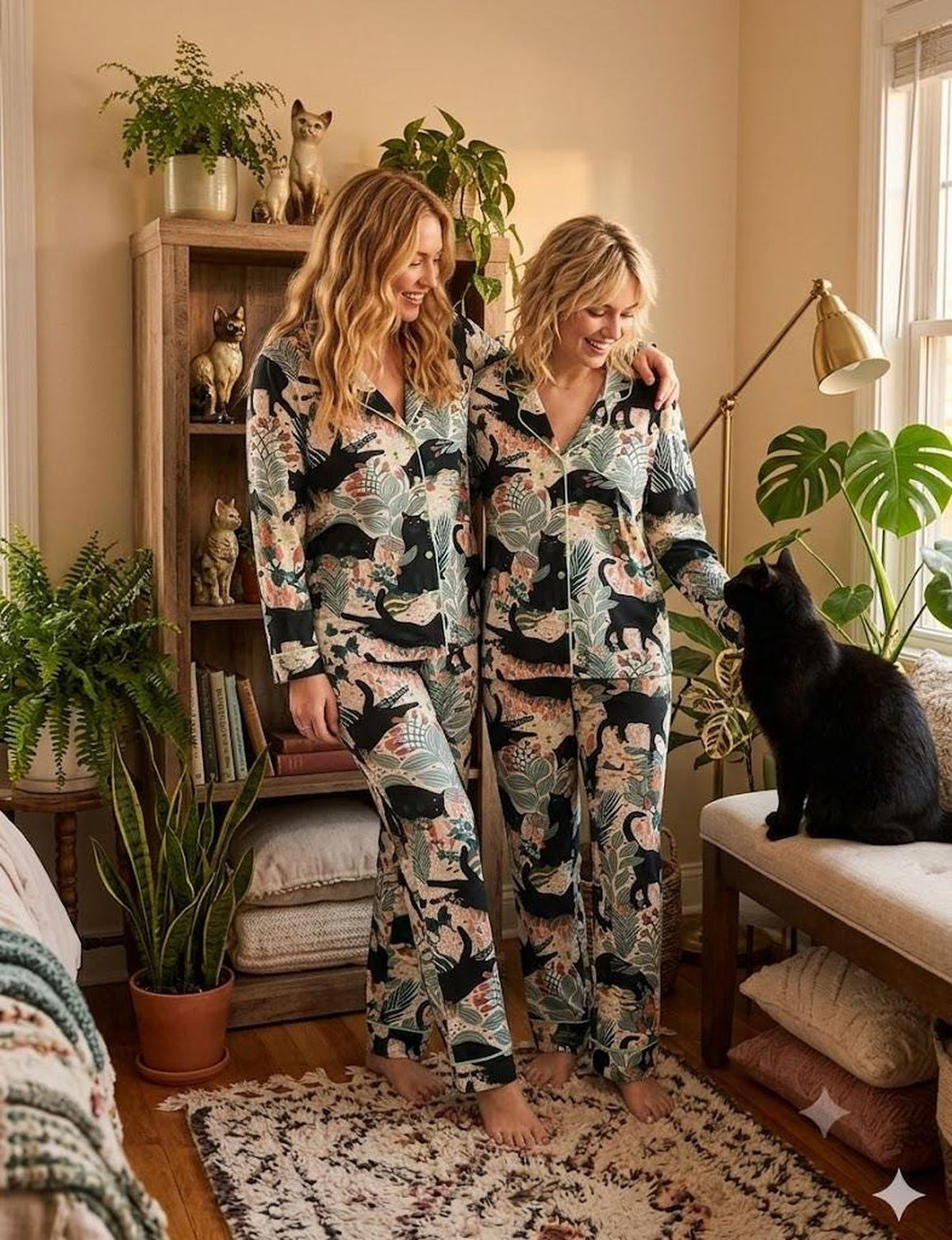 Black Cat Botanical Animal Print Pajamas Set - Women s Loungewear Sleepwear
