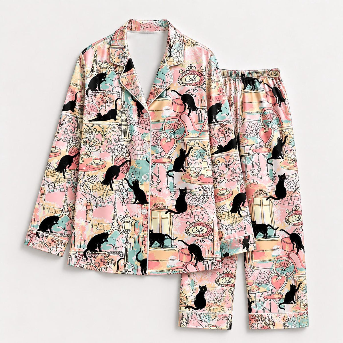 Vintage Travel Map Black Cat Satin Pajama Set - Paris Inspired Sleepwear