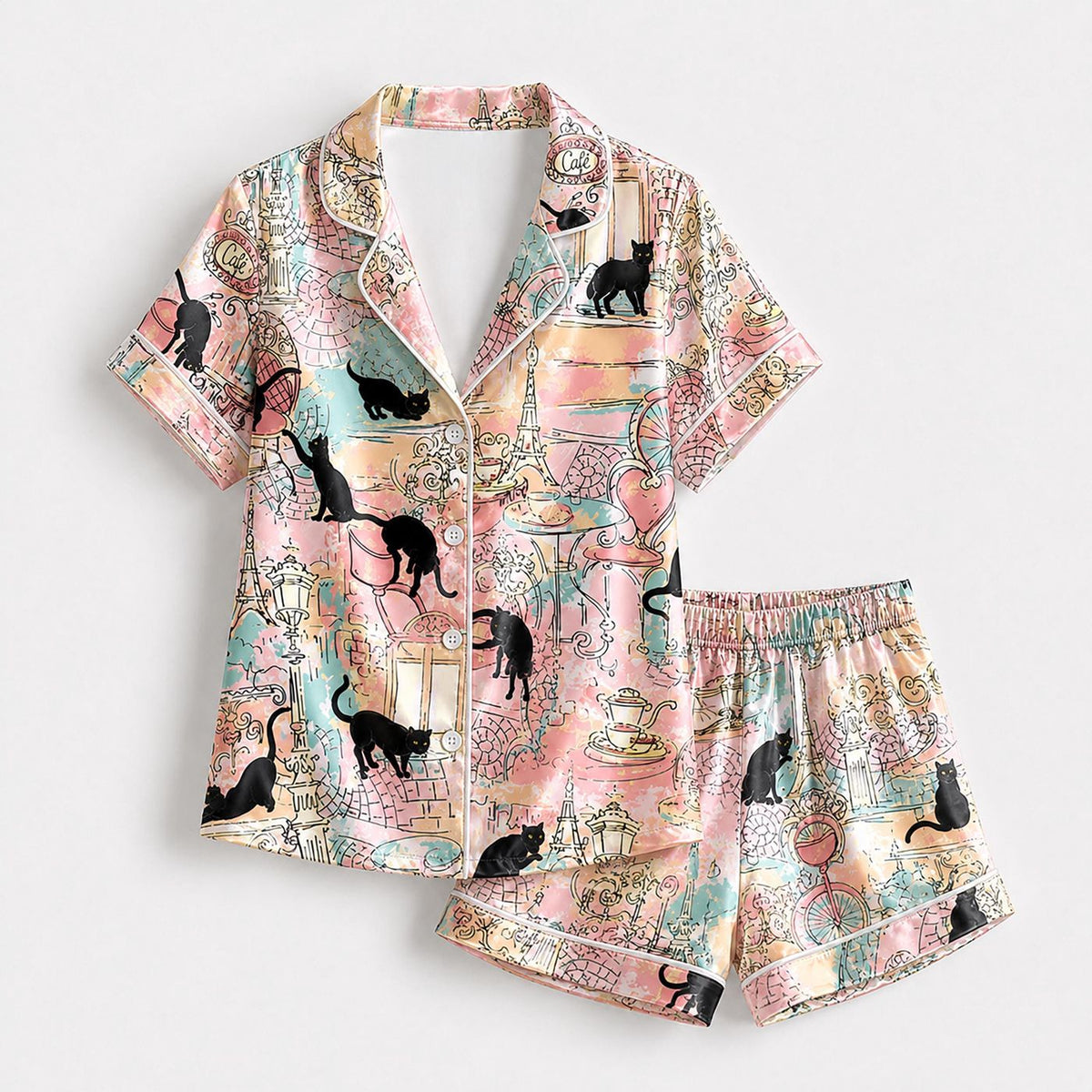 Vintage Travel Map Black Cat Satin Pajama Set - Paris Inspired Sleepwear
