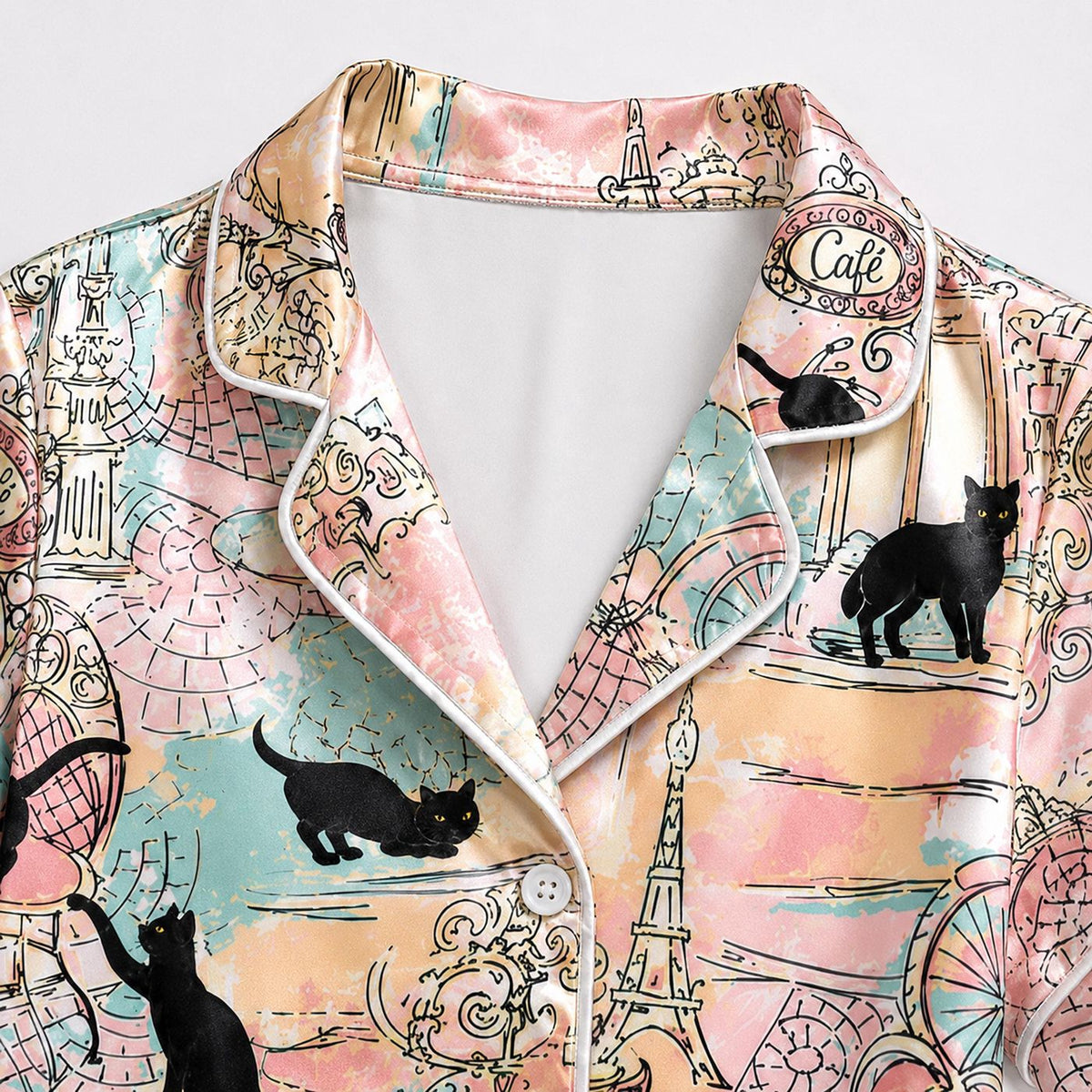 Vintage Travel Map Black Cat Satin Pajama Set - Paris Inspired Sleepwear