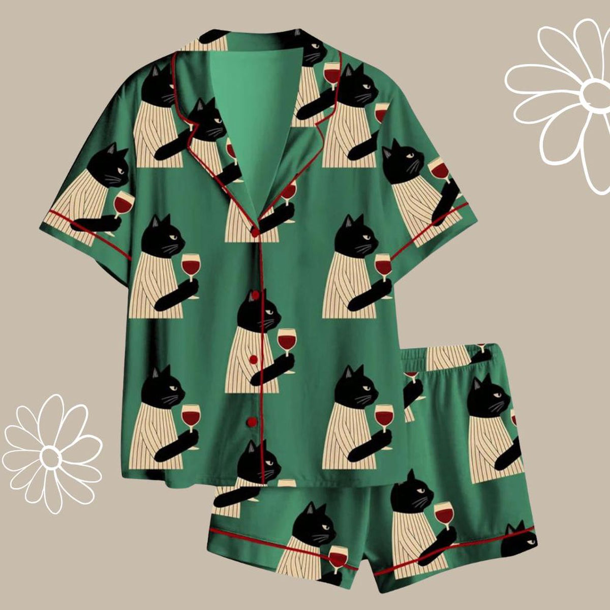 Black Cat Wine Satin Pajama Set - Funny Cocktail Silk Sleepwear - Cute Birthday Gift for Her