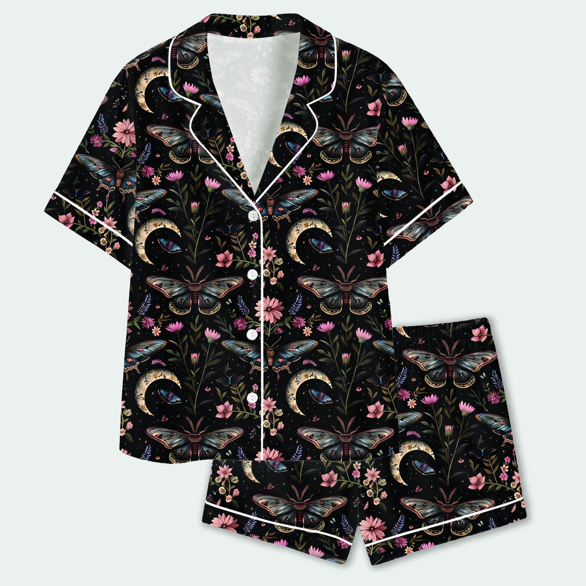 Black Celestial Moth Satin Pajama Set with Crescent Moon and Wildflowers Mystical Botanical Pattern