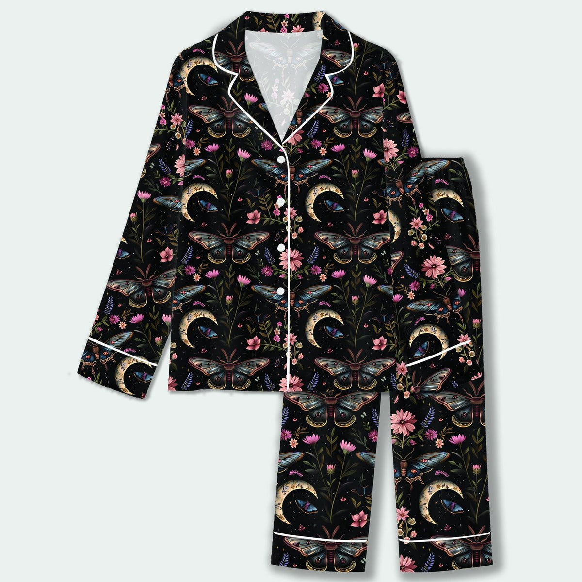 Black Celestial Moth Satin Pajama Set with Crescent Moon and Wildflowers Mystical Botanical Pattern