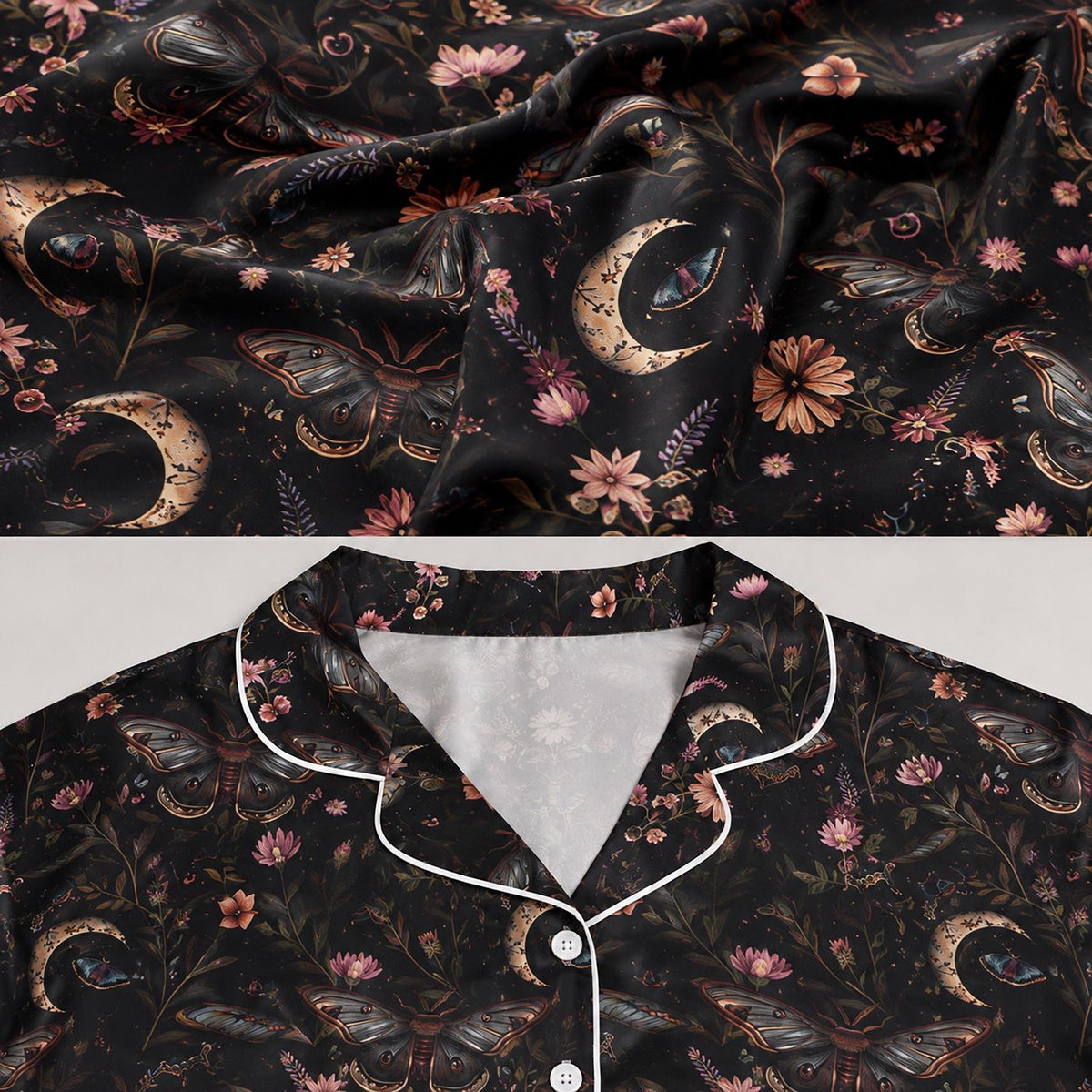 Black Celestial Moth Satin Pajama Set with Crescent Moon and Wildflowers Mystical Botanical Pattern