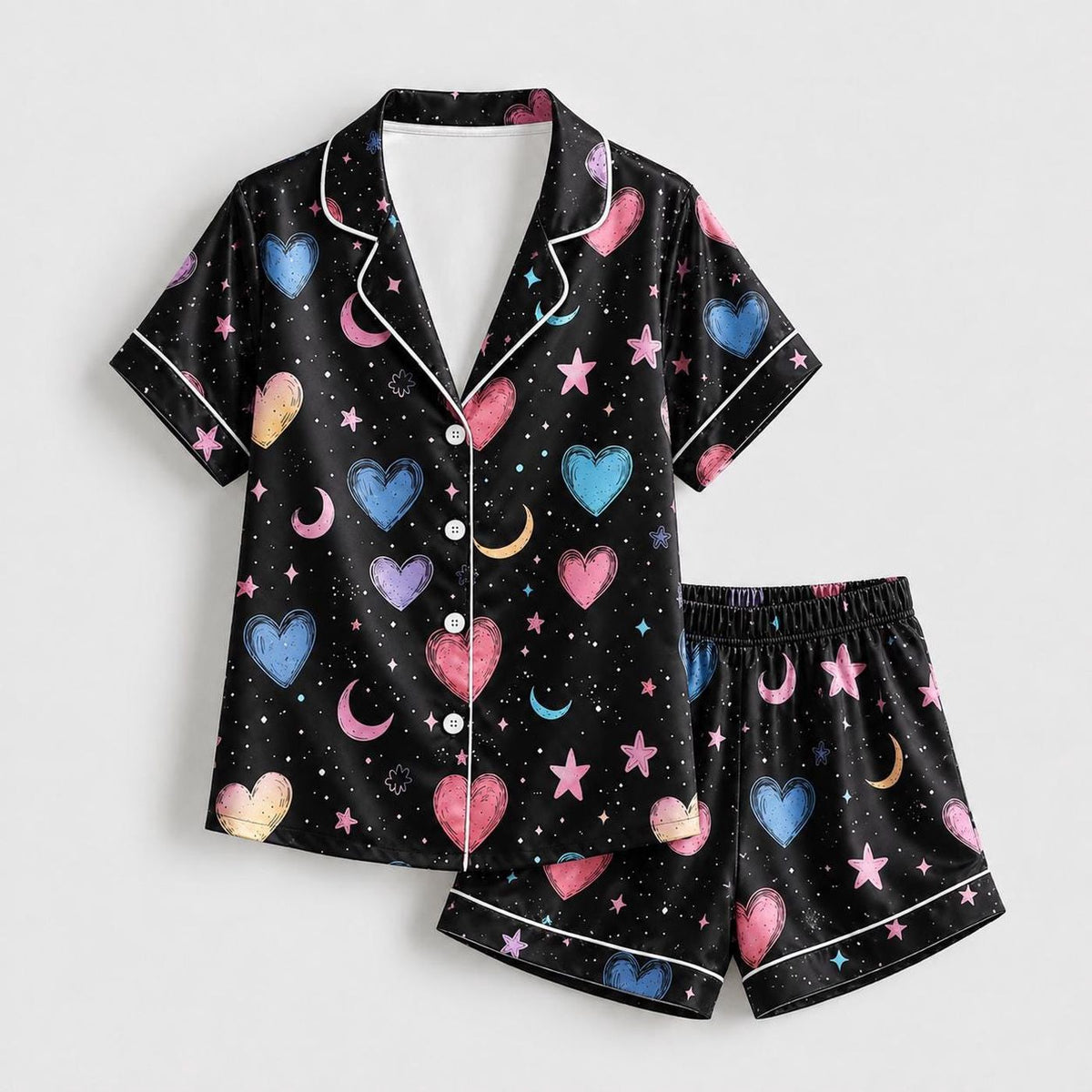 Black Celestial Heart Satin Pajamas: Star Moon Cosmic Sleepwear PJs