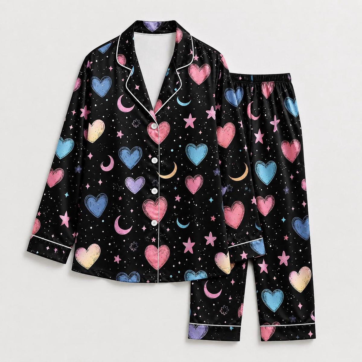Black Celestial Heart Satin Pajamas: Star Moon Cosmic Sleepwear PJs
