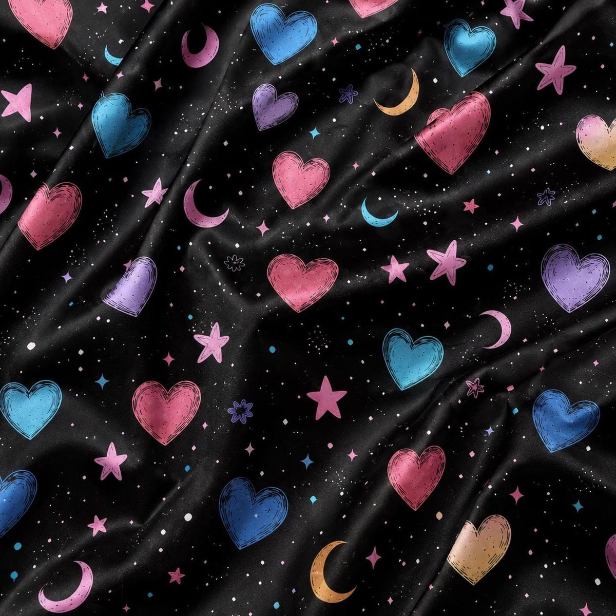 Black Celestial Heart Satin Pajamas: Star Moon Cosmic Sleepwear PJs