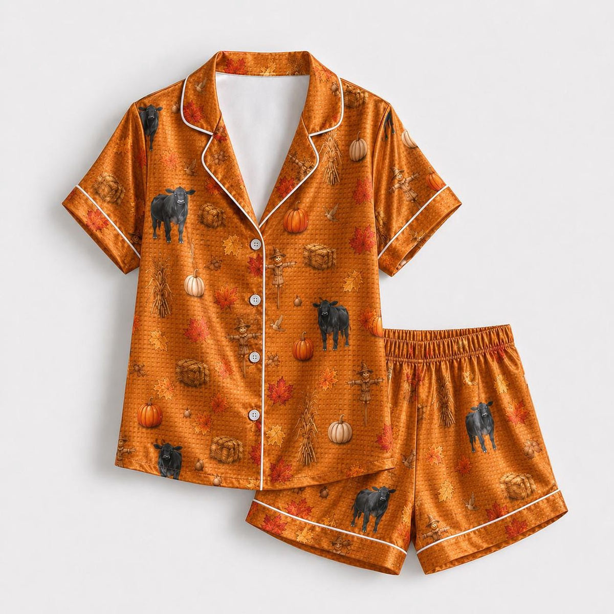 Cozy Black Cow Harvest Satin Pajama Set with Autumn Farm Pattern - Perfect for Fall Sleepwear
