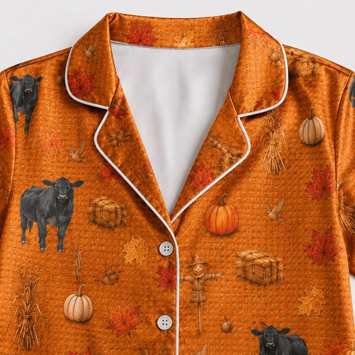 Cozy Black Cow Harvest Satin Pajama Set with Autumn Farm Pattern - Perfect for Fall Sleepwear