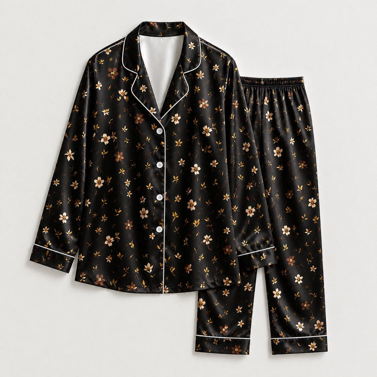 Black Floral Daisy Print Pajama Set: Relaxed Fit & Soft Everyday Comfort