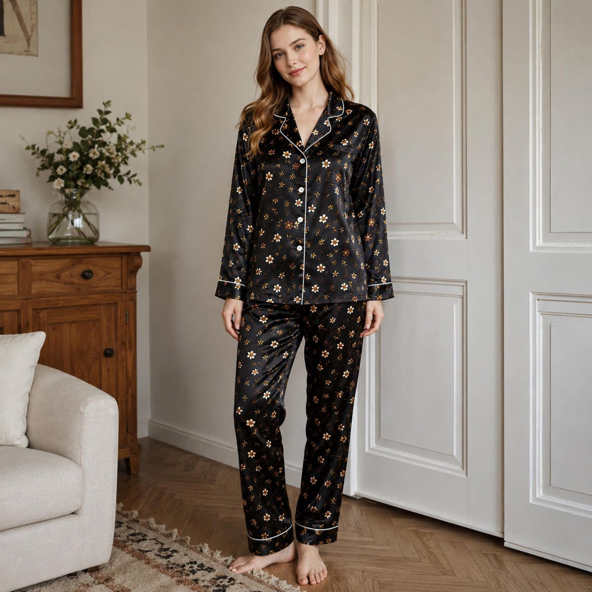 Black Floral Daisy Print Pajama Set: Relaxed Fit & Soft Everyday Comfort