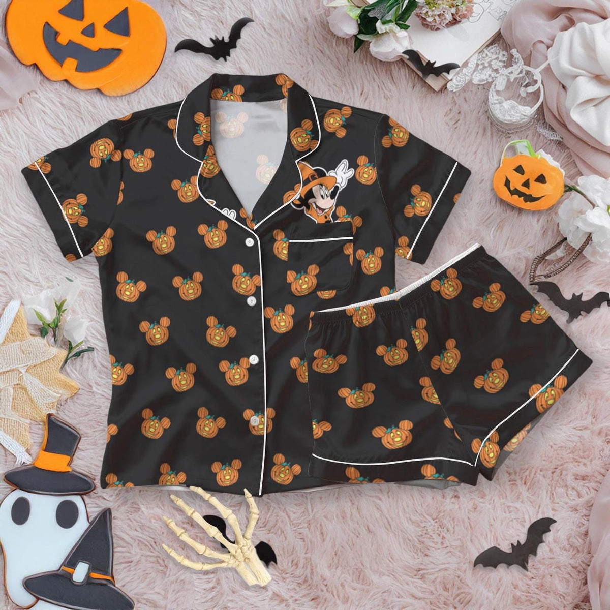 Mickey Pumpkin Halloween Pajamas Women Spooky Satin Sleepwear