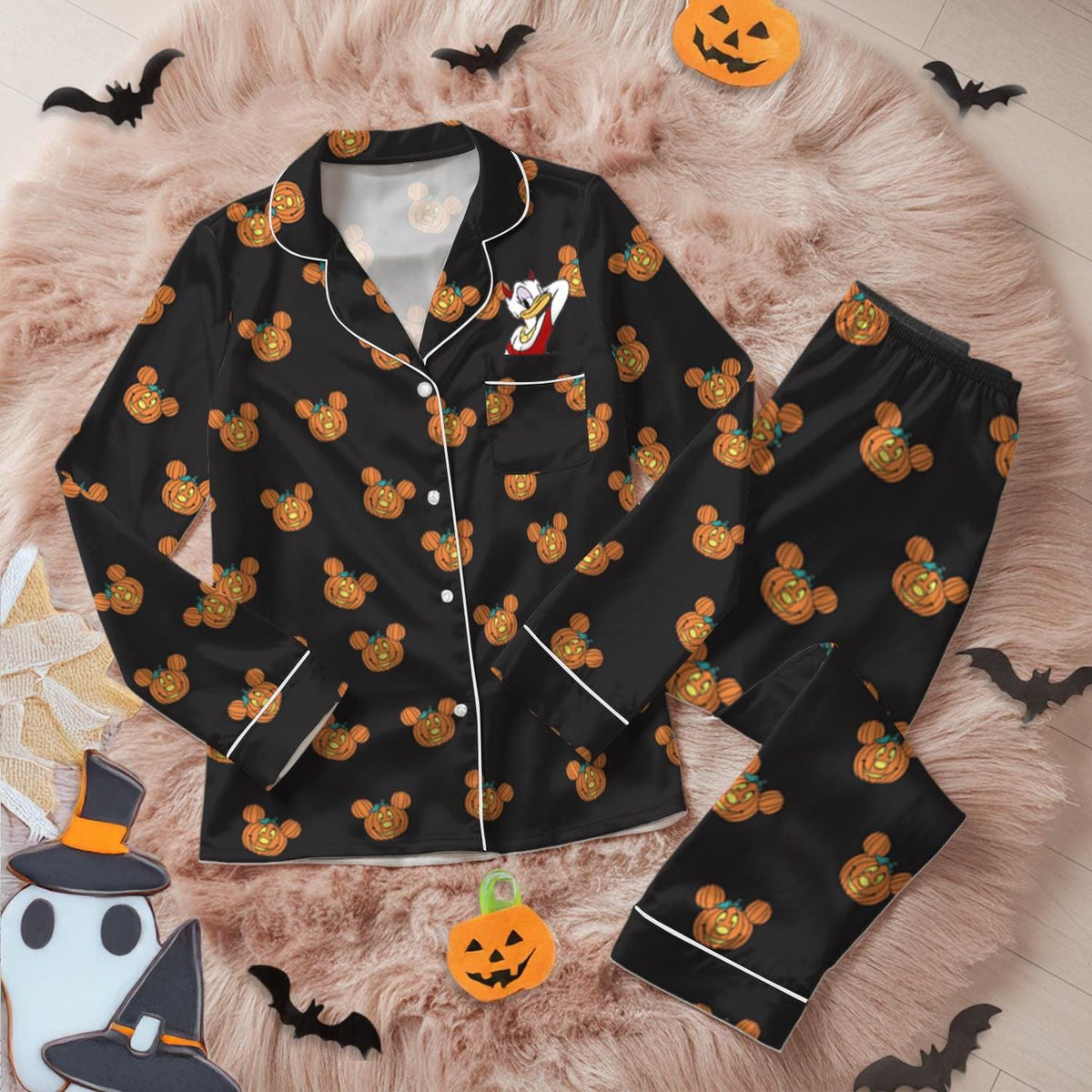Mickey Pumpkin Halloween Pajamas Women Spooky Satin Sleepwear