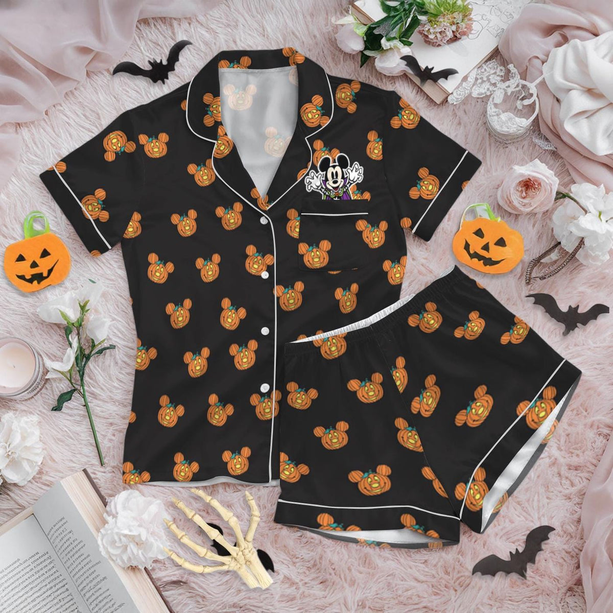 Mickey Pumpkin Halloween Pajamas Women Spooky Satin Sleepwear