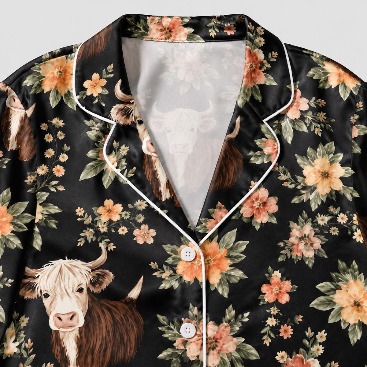 Cozy Black Highland Cow Satin Pajama Set with Peach Wildflowers for Rustic Farmhouse Sleepwear