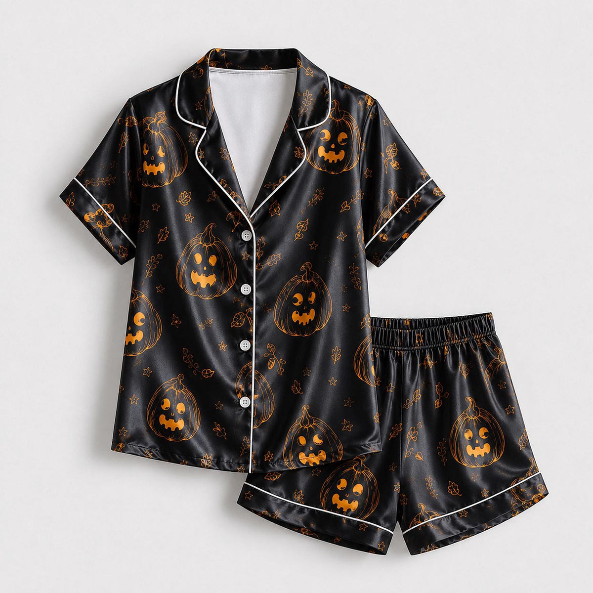 Vintage Halloween Pumpkin Satin Pajama Set - Cozy Black Jack O Lantern Sleepwear