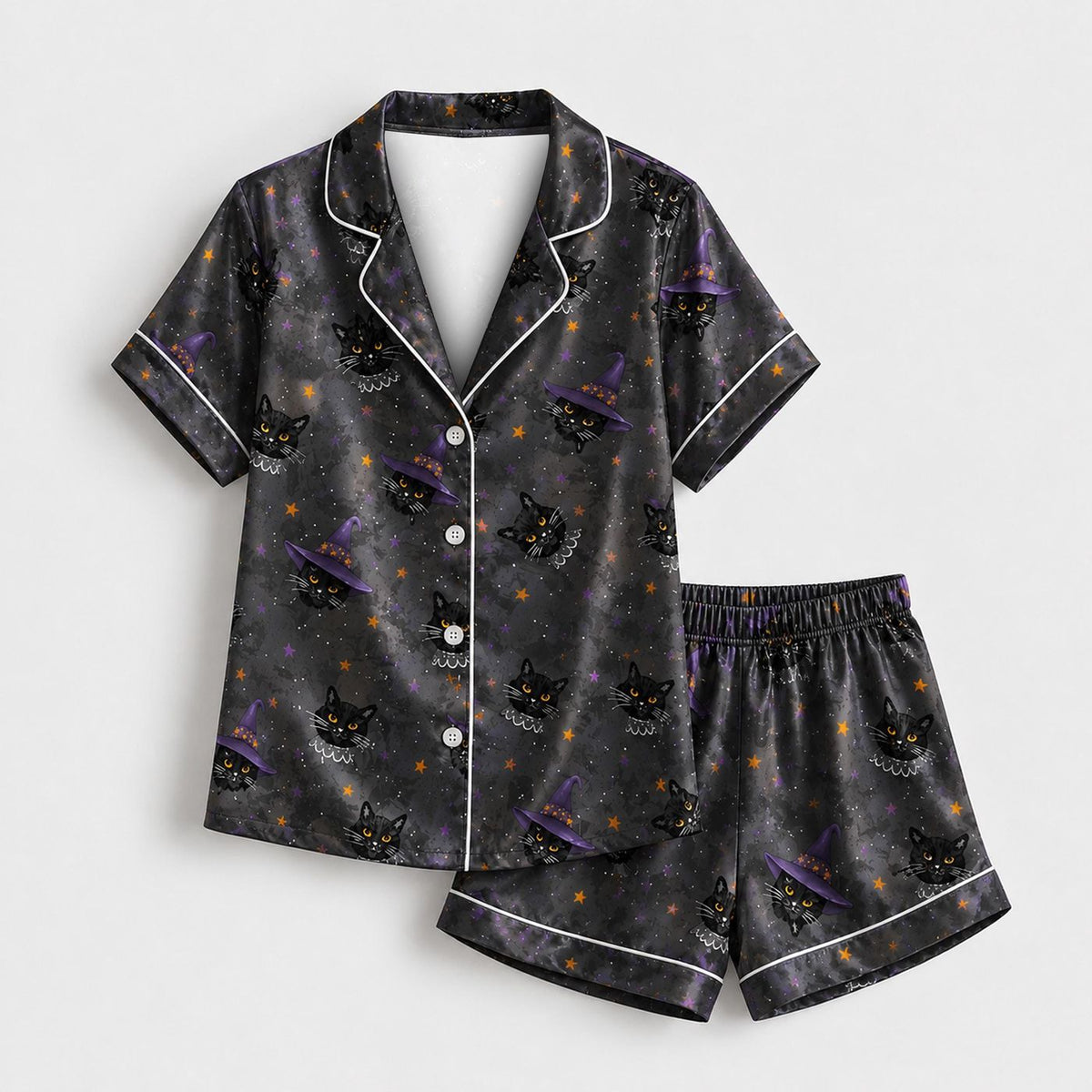 Black Satin Witch Cat Print Pajamas - Celestial Halloween Sleepwear