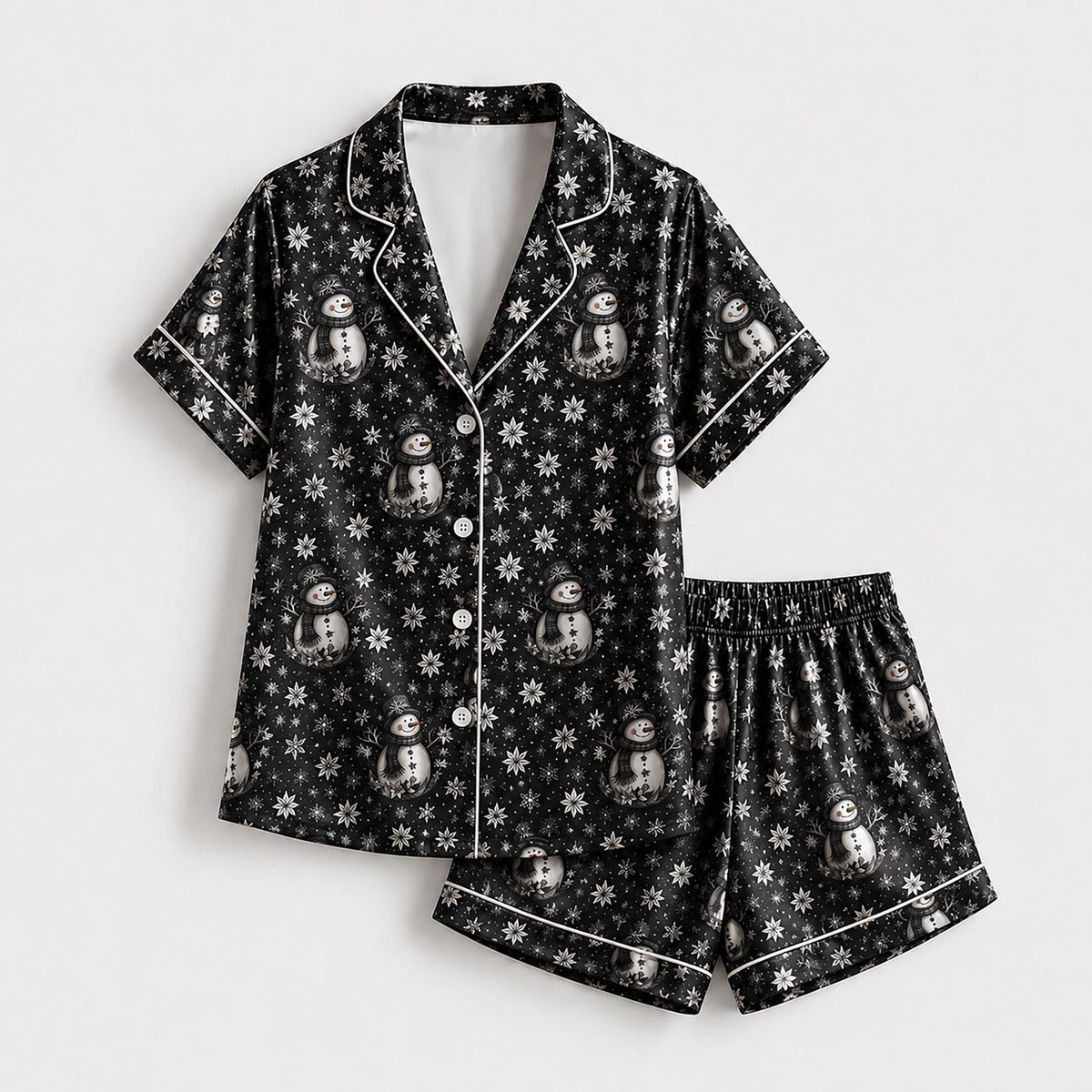 Black Snowman Satin Pajama Set with Snowflake Pattern - Cozy Winter Holiday Sleepwear