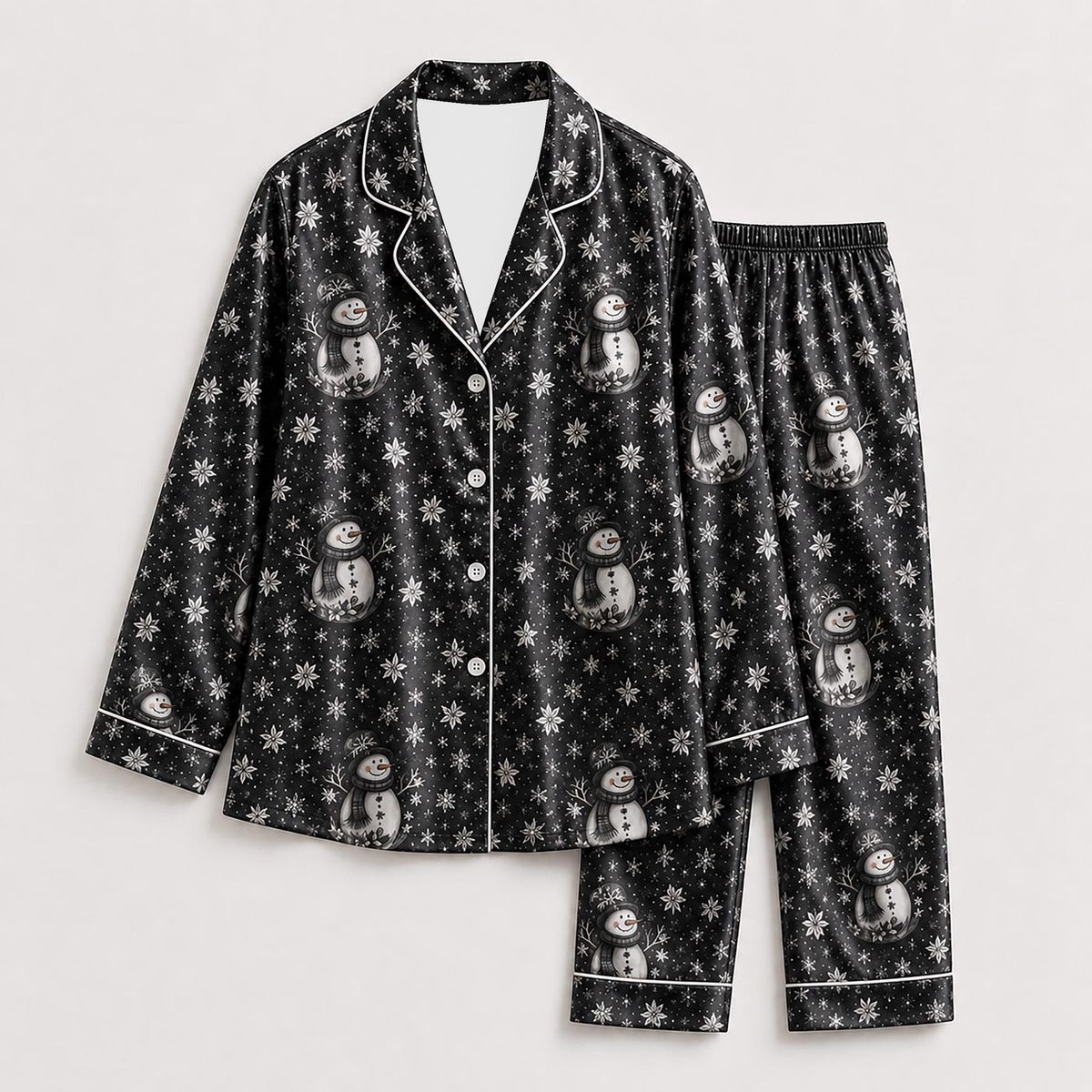 Black Snowman Satin Pajama Set with Snowflake Pattern - Cozy Winter Holiday Sleepwear
