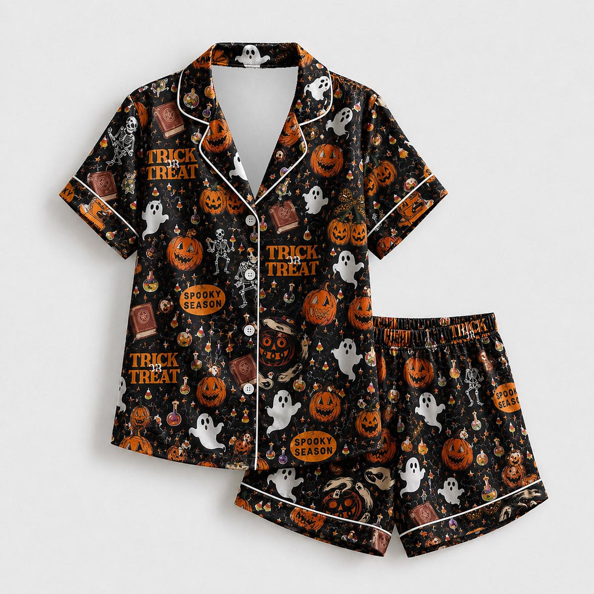 Vintage Halloween Satin Pajama Set - Spooky Ghosts Pumpkins Trick or Treat Haunted Season Pattern