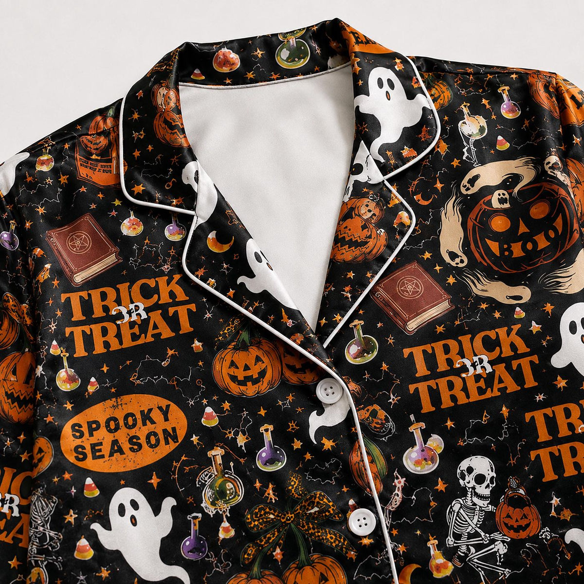 Vintage Halloween Satin Pajama Set - Spooky Ghosts Pumpkins Trick or Treat Haunted Season Pattern