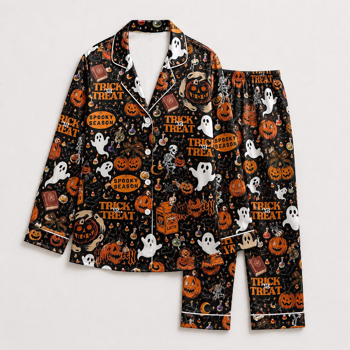 Vintage Halloween Satin Pajama Set - Spooky Ghosts Pumpkins Trick or Treat Haunted Season Pattern