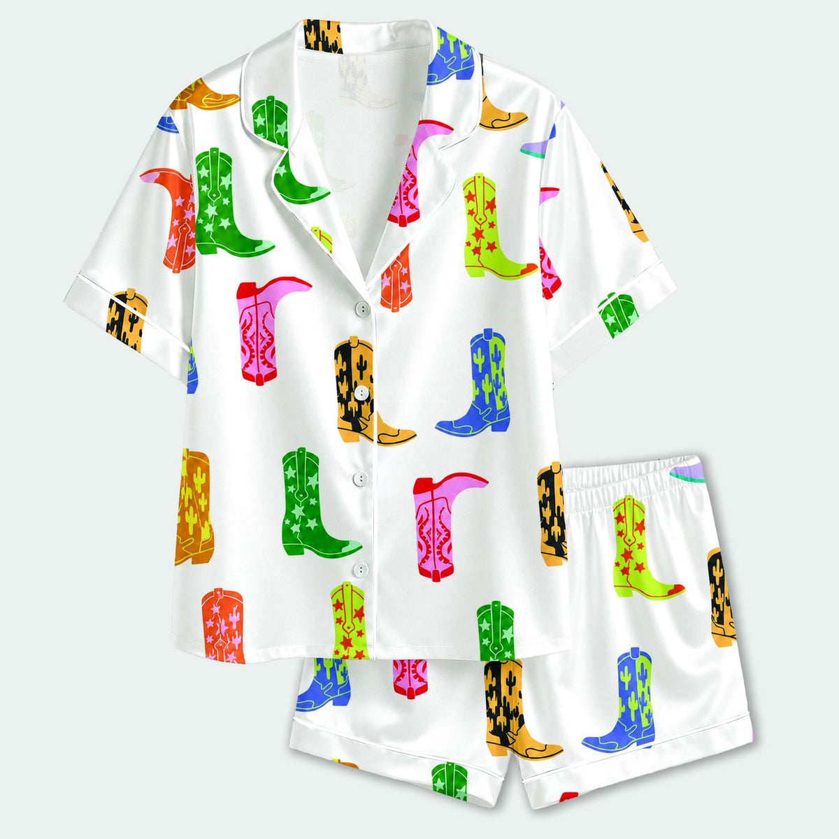 Western Cowgirl Boot Pattern Satin Pajama Set - Black & White Colorful Cowboy Boots for Cozy Sleepwear