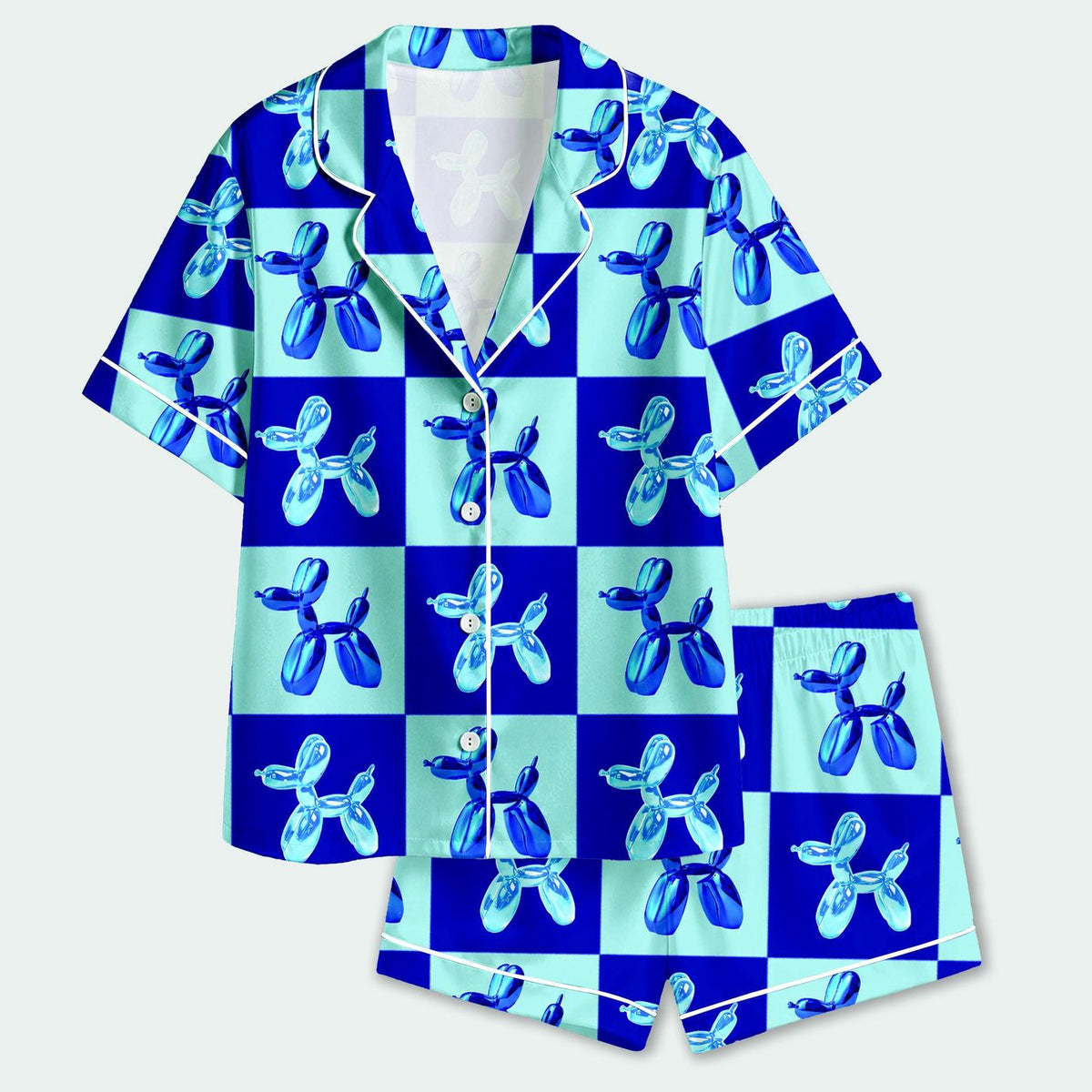 Blue Balloon Dog Satin Pajama Set: Cozy Sleepwear with Playful Puppy Shapes & Checkerboard Pattern