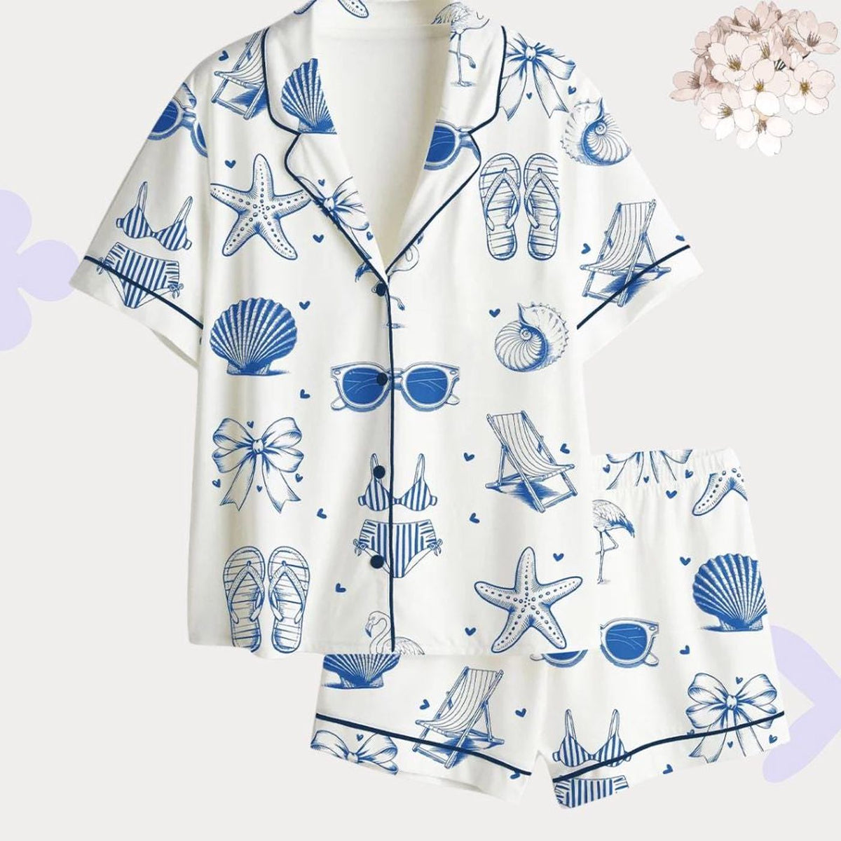 Coastal Nautical Blue Beach Print Pajama Set – Women’s Summer Sleepwear