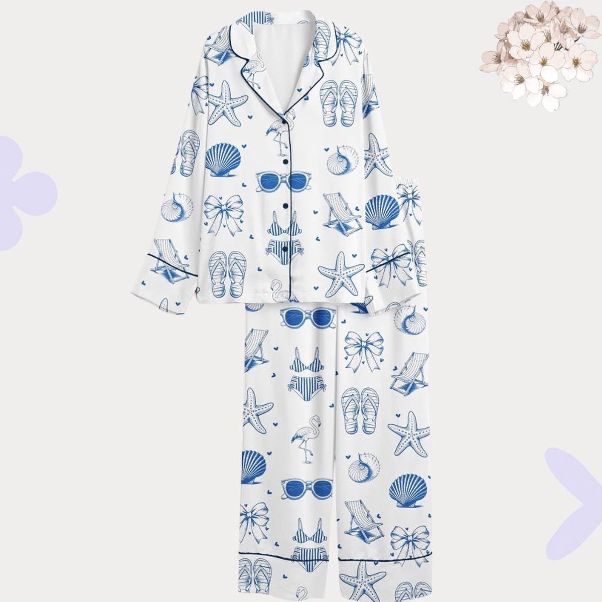 Coastal Nautical Blue Beach Print Pajama Set – Women’s Summer Sleepwear