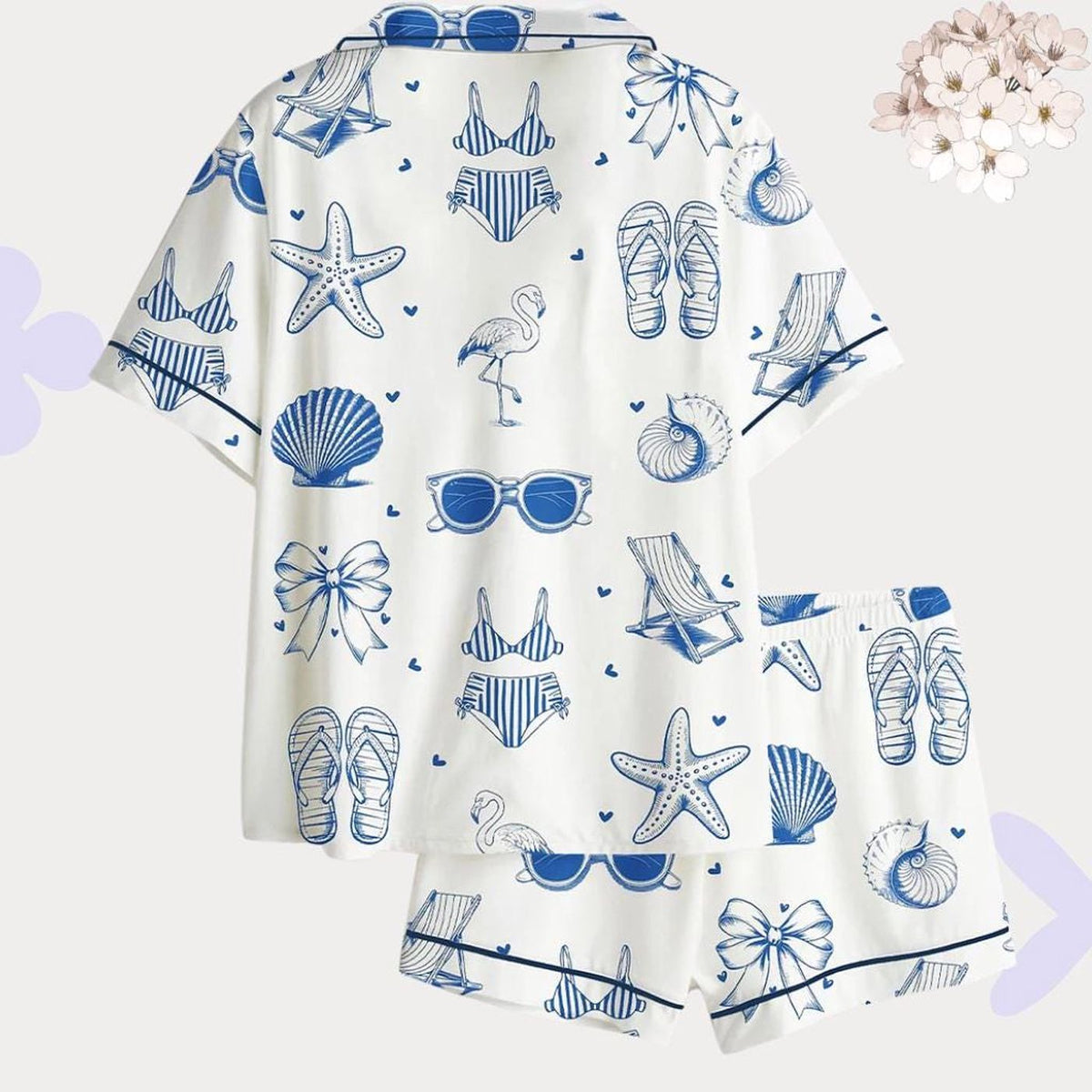 Coastal Nautical Blue Beach Print Pajama Set – Women’s Summer Sleepwear