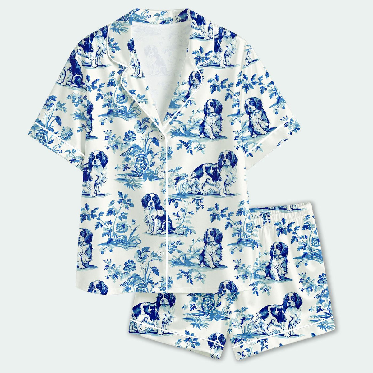 Stylish Cozy Blue Dog Toile Satin Pajama Set with Botanical Pattern - Stylish Sleepwear