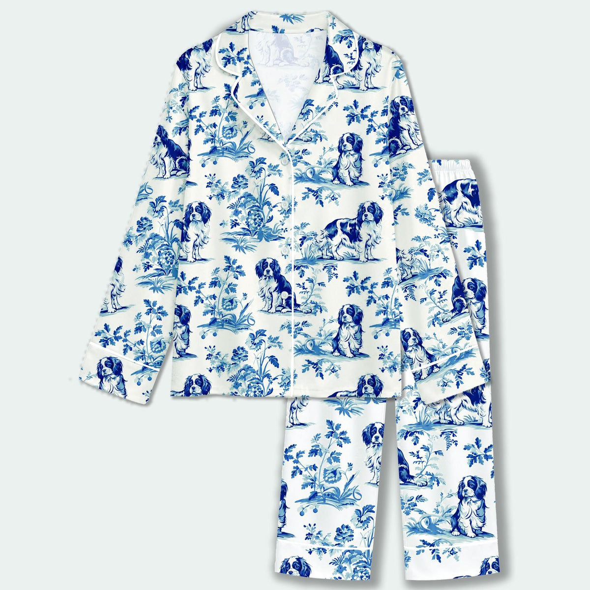 Stylish Cozy Blue Dog Toile Satin Pajama Set with Botanical Pattern - Stylish Sleepwear