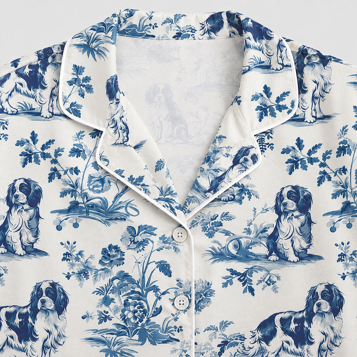 Stylish Cozy Blue Dog Toile Satin Pajama Set with Botanical Pattern - Stylish Sleepwear