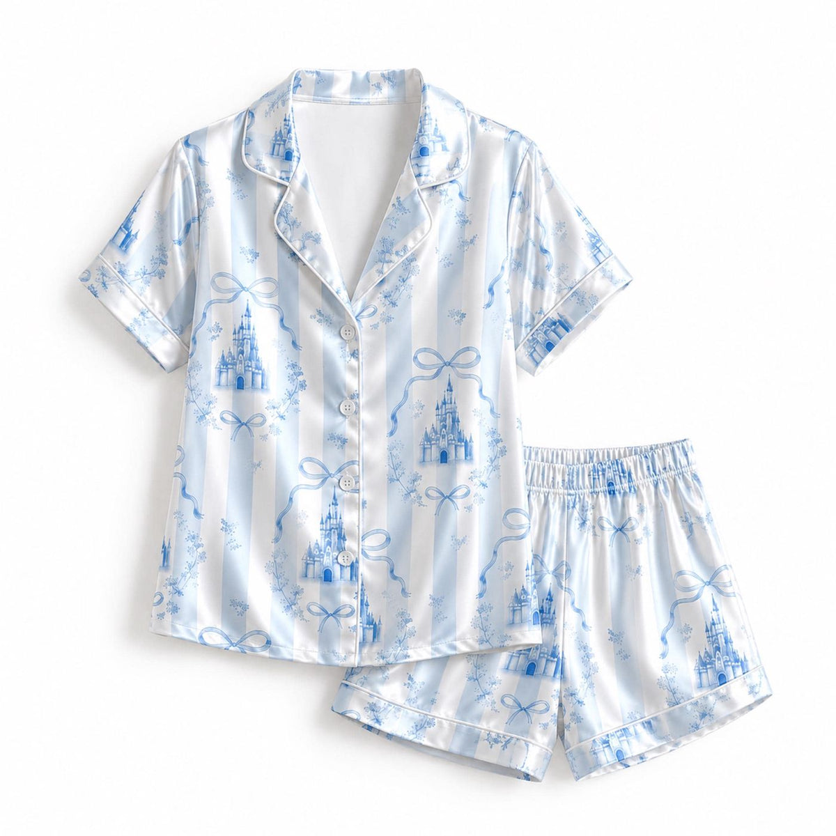Blue Fairytale Castle Satin Pajama Set with Bows for Cozy Sleepwear