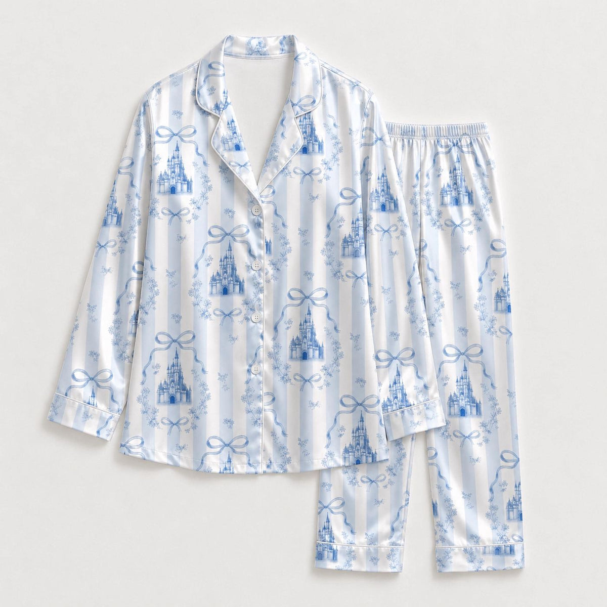 Blue Fairytale Castle Satin Pajama Set with Bows for Cozy Sleepwear
